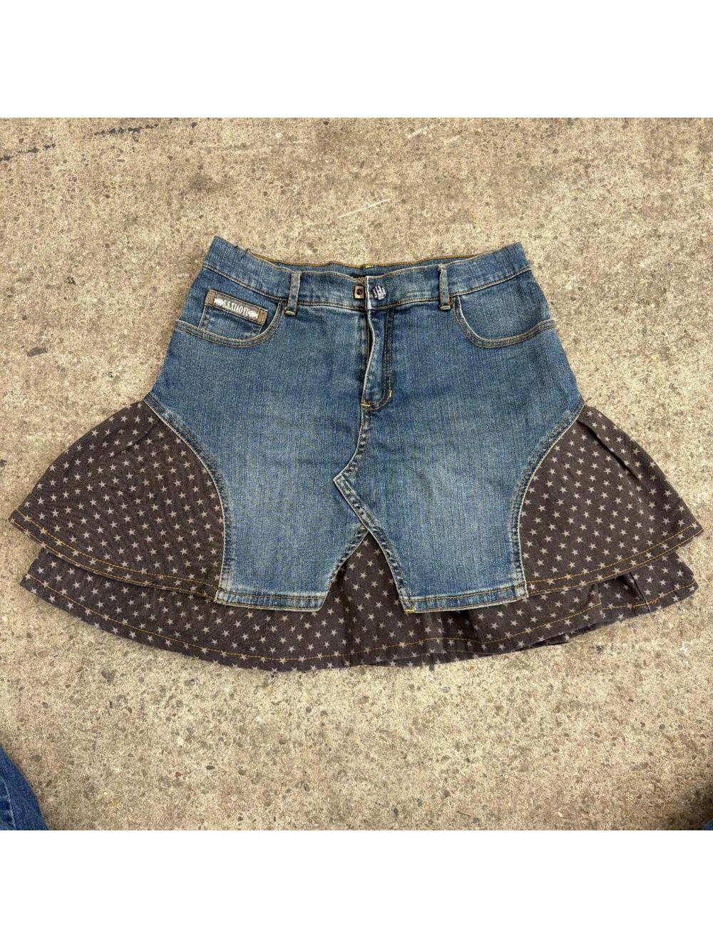 Vintage Y2K Denim Micro Mini Skirt Low Rise Faded Star Ruffle - Picture 1 of 5